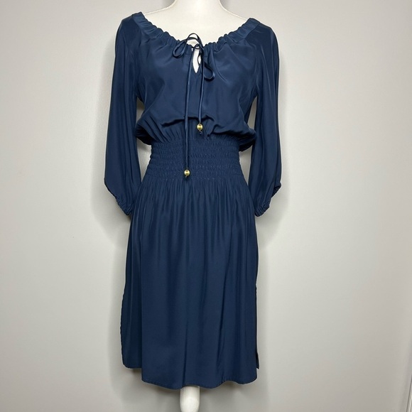 Abaete Silk Off the Shoulder Blouson Dress with Elbow Length Sleeve - Picture 1 of 10